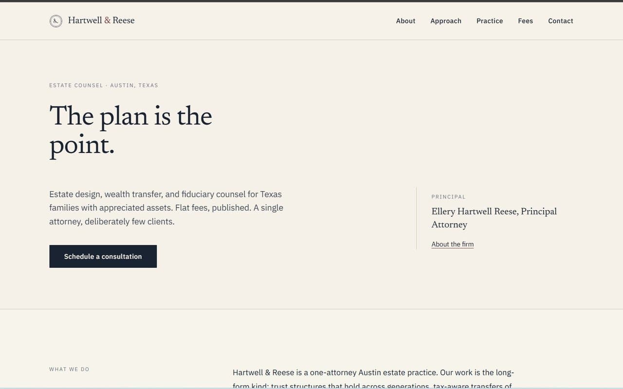 Hartwell & Reese homepage — clean serif design with the headline "The plan is the point." and a Schedule a consultation CTA