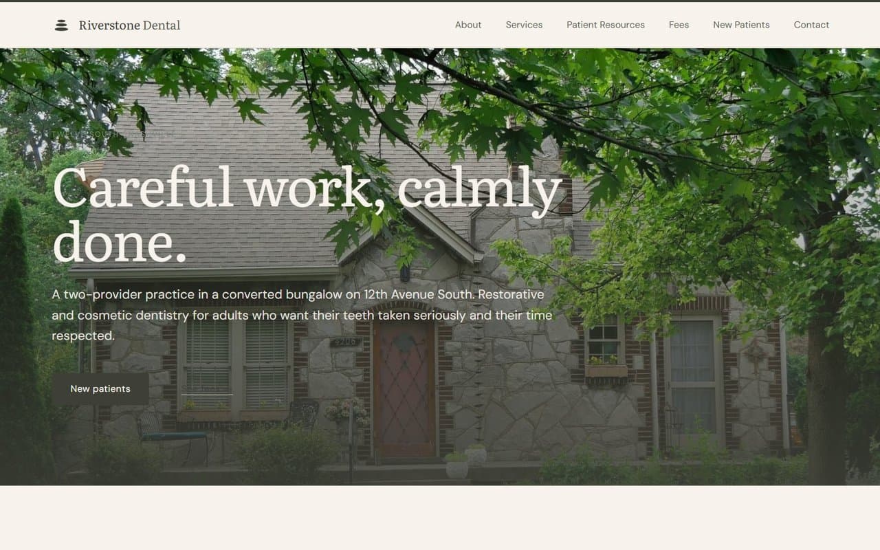 Riverstone Dental homepage — converted bungalow exterior framed by mature trees, headline reads "Careful work, calmly done."